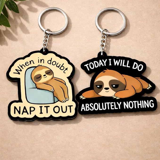 Funny Sloth “Nap It Out” & “Absolutely Nothing” Keychain Set – Pack of 2