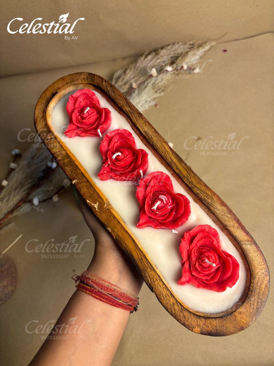 Royal Rose Wooden Dough Bowl Candle – 4 Rose Luxury Centerpiece