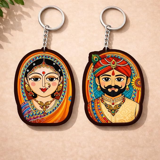 Traditional Indian Couple Acrylic Keychain Set