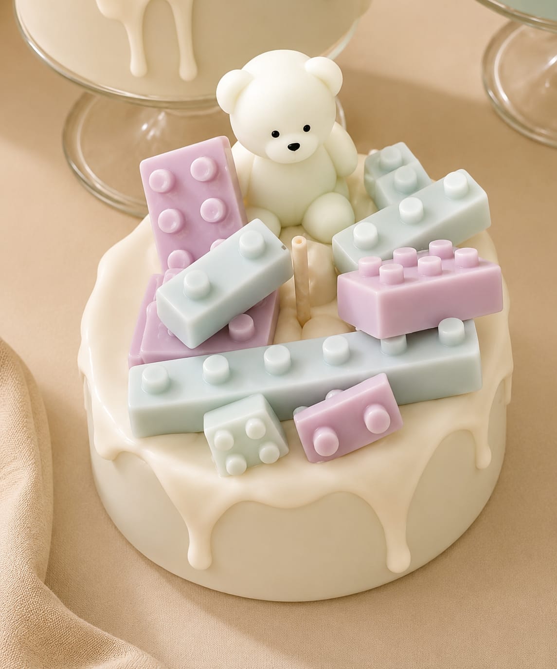 Teddy Bear Pastel Blocks Birthday Cake Candle