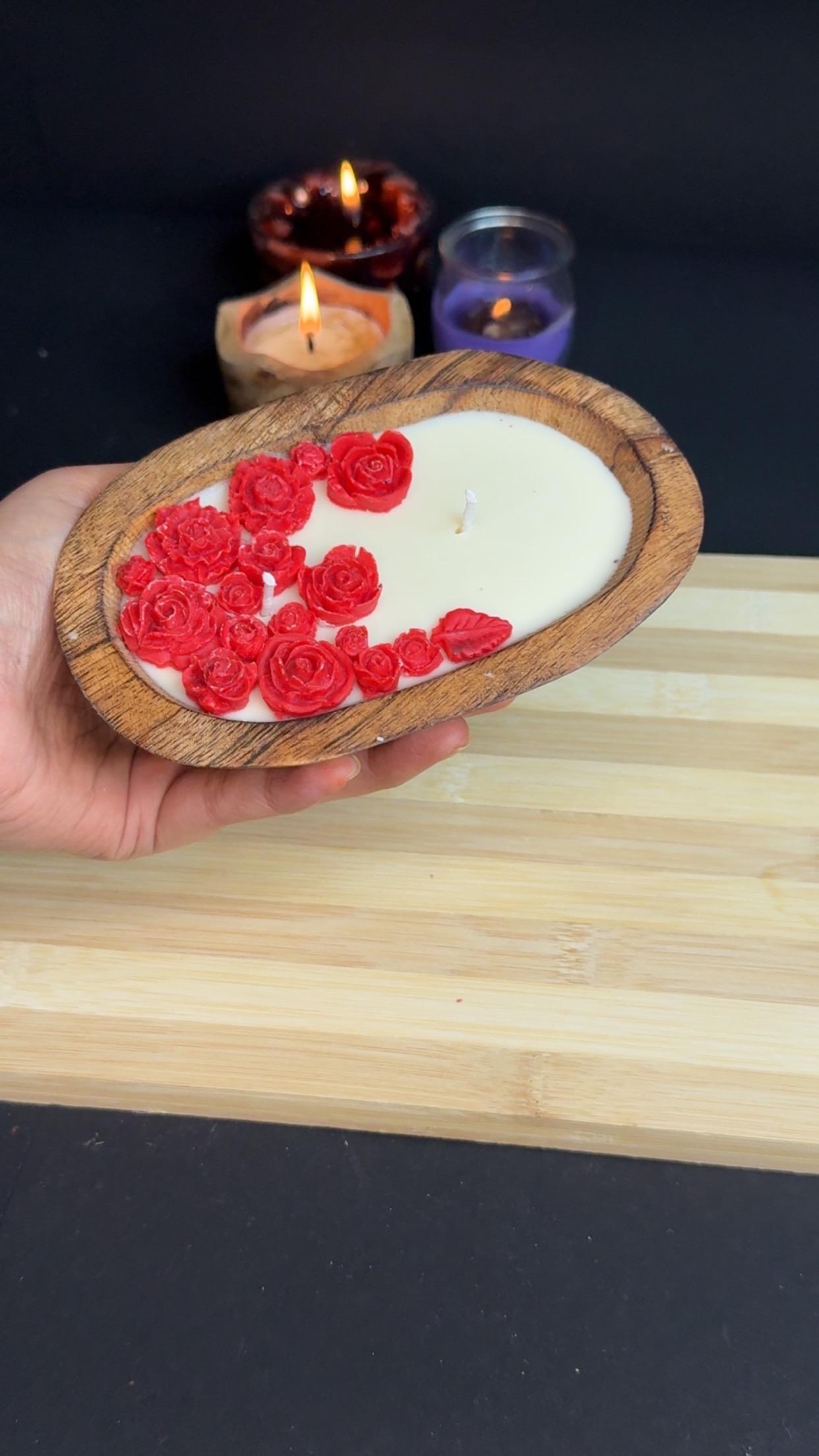 Scarlet Rose Wooden Bowl Candle – Handmade Luxury Floral Candle