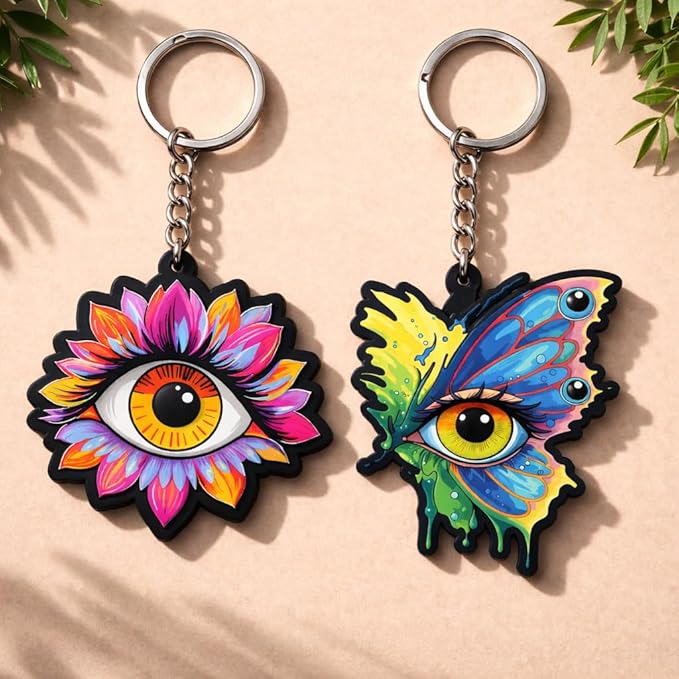 Colorful Evil Eye & Butterfly Artistic Keychain Set – Pack of 2